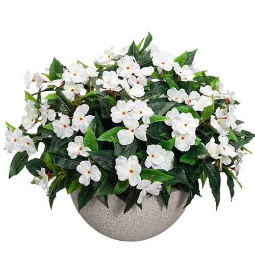 Uqueeten15.7” Fake Flowers Artificial Flowers for Outdoor,Silk Artificial Impatiens Bouquet Flowers for Outdoors，Spring Flowers Flores Artificiales para Decoracion Indoor Decor 8PCS(White) - color: White-8