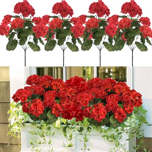 4Pcs Geraniums Artificial Flowers Realistic for Outdoors 14" Red Faux Silk Geraniums for Outdoors UV Resistant Fake Flowers for Planters Garden Home Kitchen Table Centerpieces Cemetery (Red) - color: Red