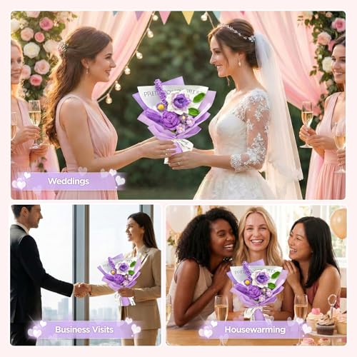 Crochet Flower Bouquet, Purple Handmade Knitted Flowers | Crochet Rose Lavender Flowers, With Card Gift, For Lover Girlfriend Friends - color: Lavender Rose