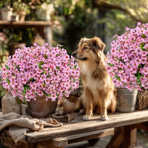 AXYLEX Artificial Flowers for Outdoors Fake Plants - 16 Bundles Faux Outside Greenery Boxwood No Fade Plastic Shrubs Fall Decor Farmhouse Home Garden Thanksgiving Mums (Pink) - color: Pink