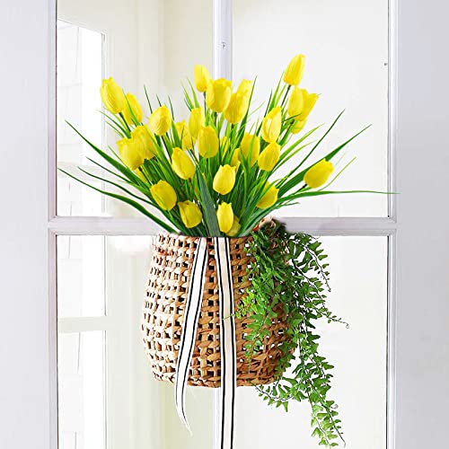 12 Bundles Tulips Artificial Flowers, 60 Heads Outdoor Artificial Tulip Faux Plastic Greenery Shrubs Plants UV Resistant for Easter Home Outside Garden Porch Window Decor (Yellow) - color: Yellow, size: 12 PCS
