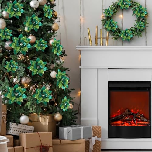 Geosar 36 Pcs Christmas Glitter Artificial Poinsettia Flowers Xmas Poinsettia Artificial Wedding Flowers Decorations Xmas Tree Ornaments with Clips for Party, 6 Inch, 4 Inch, 3 Inch(Grass Green) - color: Grass Green