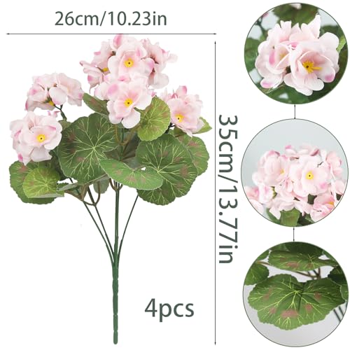 CISDUEO 4 Pcs Artificial Geranium Flowers for Outdoors Silk Flowers Outside Pink Geranium Bush Faux Flowers Geraniums for Outdoor Decor Indoor Garden Patio Grave Cemetary Table Centerpiece - color: Light Pink