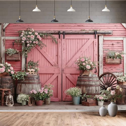 5x3ft Country Wedding Pink Photography Backdrop Rustic Wooden Barn Door Photography Backdrop Farmhouse Flower Western Girl Birthday Baby Shower Wedding Bridal Party Banner Photo Booth Props Background - color: Multi7, size: 5X3FT