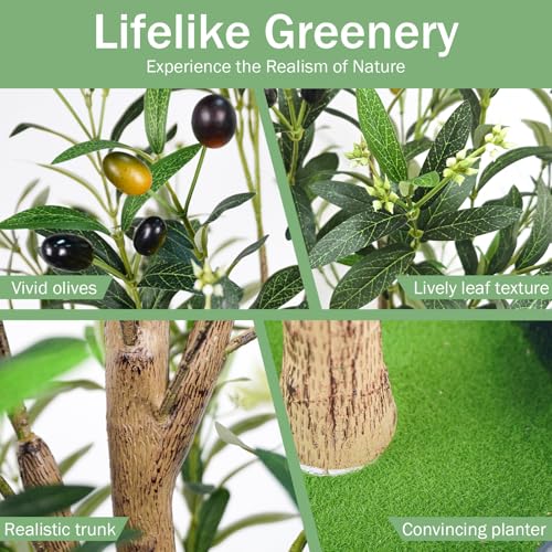 Caxchiling Faux Olive Tree 6FT, Artificial Potted Tree with Planter, Silk Plants Indoor Outdoor, Lifelike Olive Plants with Natural Wood Trunk, Fruits and Buds, Home Office Decor, 1 Pack - color: Olive