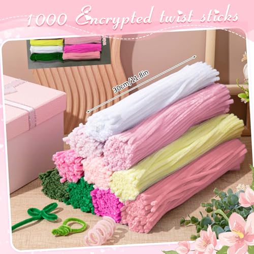 Peryiter 1402 Pcs Pipe Cleaners Flowers Set 1000 Pcs 10 Colored 12 Inch Chenille Stems for Tulip Bouquet Making Art DIY Craft Projects Creative Gift Party Wedding Decorations(Pink Flower) - color: Pink Flower