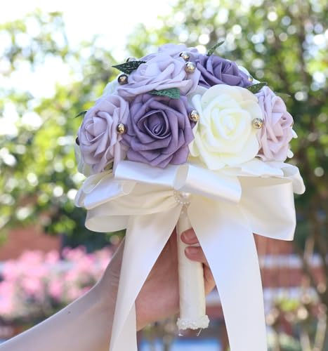 Handmade Wedding Bouquet Artificial PE Rose Bride Bridesmaid Bouquet with Soft Ribbons Wedding Hand Holding Artificial Fake Flowers Toss (B-Light Purple & Purple & Ivory, 6.7"/17cm) - color: B-light Purple & Purple & Ivory, size: 6.7"/17cm