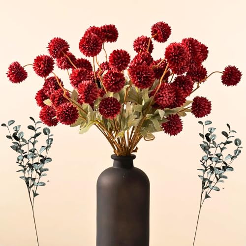 RyddeligHome Faux Red Flowers Artificial 10 Long Stems + Eucalyptus, Burgundy Wine Colored Silk Mum Flowers for Decor, Fall Table Centerpieces, Dark Red Faux Mums - color: Burgundy