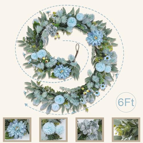 Spring Garland 6FT Hydrangea Flower Garland Faux Greenery Leaf Vine Garlands for Decoration for Spring Indoor Outdoor Garden Farmhouse Porch Wall Wedding Room Home Decor (Blue) - color: Blue