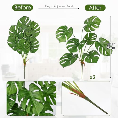 Hollyone 2PCS Artificial Monstera Plants Leaves 28.7" Fake Tropical Monstera Bush Tree Leaf Large Faux Greenery Stem Shrubs for Indoor Outdoor Home Garden Arrangement Jungle Safari Wedding Party Decor - color: Monstera, size: Bushes