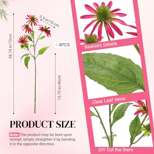 Knitgrip Rose Red 4 Pcs Artificial Coneflowers Stems 29 Inch Faux Echinacea Flowers Branch Realistic Farmhouse Fake Sunflower Floral Bouquet for Home Centerpiece Arrangement Indoor Outdoor Decor - color: Rose Red