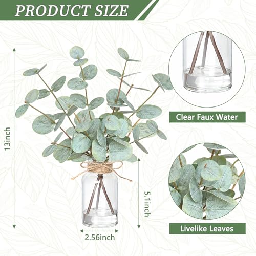 Fake Eucalyptus Stems in Vase with Faux Water,Artificial Plants Eucalyptus Leaves for Shelf Desk Bathroom Farmhouse Room Coffee Table Faux Greenery Plants Decorations (Green) - color: Green-white Bottle