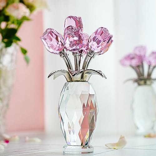 H&D HYALINE & DORA Pink Crystal Rose Bouquet Figurine,Handmade Rose Flower Gifts for Mom Gifts for Women,Glass Flower Collectible Ornament Home Table Wedding Decor - color: Pink 1