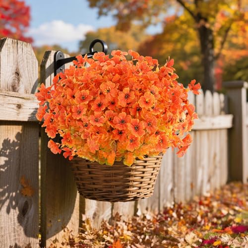 AmyHomie 16 Bundles Fall Orange Artificial Flowers for Outdoor Fall Decor UV Resistant Faux Flowers No Fade Fake Plastic Plants Garden Porch Window Box Decorating - color: Fall Orange-eucalyptus, size: 16