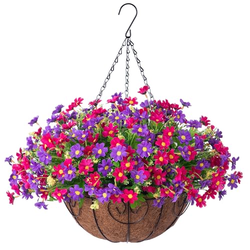 Artificial Hanging Flowers with Basket for Outdoor Spring Summer Decoration, Fake Daisy Flower Arrangement,Faux Plants in 12 inch Coconut Lining Basket for Outside Garden Porch Deck(Plum Purple) - color: Plum Purple