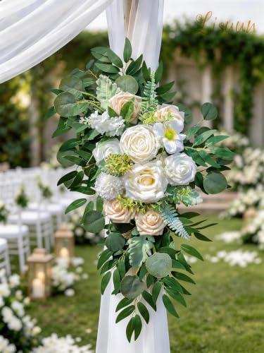 Lisuun Artificial Wedding Arch Flowers with Chiffon Runner, Pack of 3 | Includes 2 Flower Swags, 1 20ft Chiffon Runner and Zip Ties for Wedding Arches, Arbors and Backdrops - color: Pure White