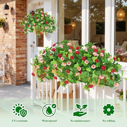 Krissing 3 Pcs Artificial Flowers for Outdoors UV Resistant Fake Ivy Plants Greenery Faux Silk Daisy Flowers for Outside Planters Garden Porch Window Box Balcony Summer Home Decor (Rose Red,Pink) - color: Hot Pink+pink, size: 3