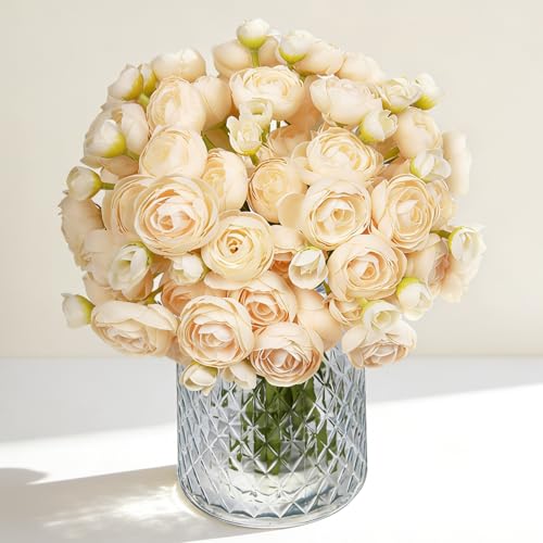 24 Pcs Ranunculus Artificial Flower Faux Silk Mini Ranunculus Flowers Fake Flowers for DIY Bouquet,Centerpieces Tables, Wedding Decor, Bridal Shower Decorations,Home Decor(Cream) - color: Cream