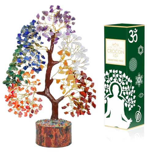 Crocon® 7 Chakra Crystal Tree of Life, Healing Crystals Tree 10-12 Inch, Birthday Gift for Women, Feng Shui, Money Trees, Positive Energy, Good Luck, Home Office Decor, Spiritual Gifts for Women - color: 001 Seven Chakra (Golden Wire)