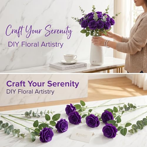 52pcs Purple Roses Artificial Flowers Fake Flowers Silk Roses with Stems for DIY Wedding Bouquets Bridal Shower Centerpieces Arrangements Party Decorations - color: Purple