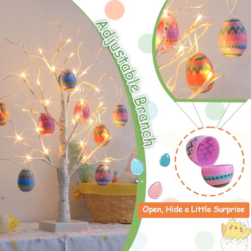 PEIDUO Easter Decorations for Home, 2FT 24LT Egg Tree Lighted with Battery Powered and Timer, Lighted Easter Trees Decor, Pre-lit White Birch Tree for Party Spring Decor - style: Easter tree