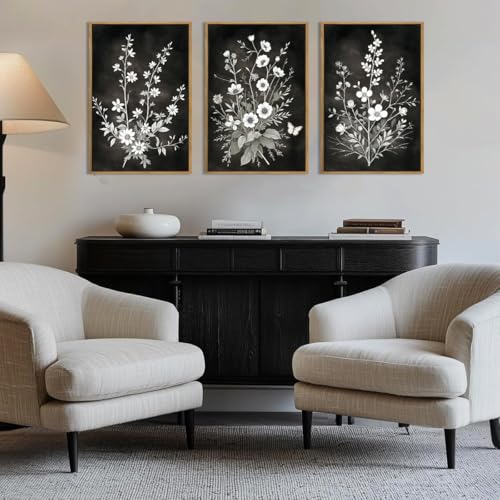 BINCUE Framed Black and White Floral Wall Art Set of 3 Botanical Wall Decor Flowers Paintings Botanical Art Prints White Floral Wall Pictures Black Artwork for Living Room Bedroom Office Farmhouse 16x24 Inches - color: Black White Flower, size: 24"L x 16"