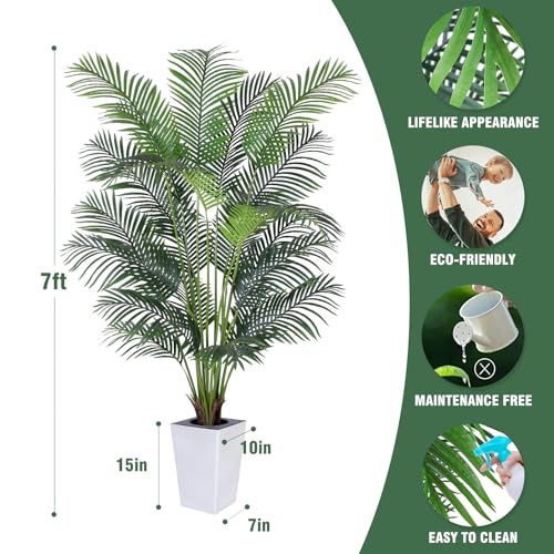 Artificial Palm Tree with White Tall Planter, 7ft Tall Potted Artificial Silk Palm Tree Plant, Fake Tropical Plant, Home Office Floor Room Decor Plants Indoor Outdoor, Housewarming Gift - size: 7ft
