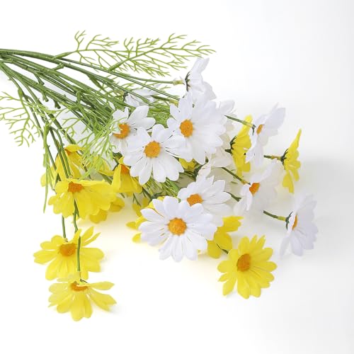 Artificial White Daisy Flowers, 6 Bundles 21” UV Resistant Outdoor Yellow and White Silk Daisies Flowers with Stems and Leaves Faux Greenery Shrubs Plants Arrangements for Home Garden Vase Decor