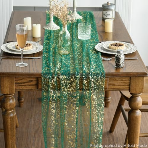 Artoid Mode Green Gold Gauze Table Runner 120 Inch 10FT, Glitter Metallic Foil Sheer Dining Wedding Anniversary Holiday Table Decor for Home Party - color: Green, size: 28" x 120"