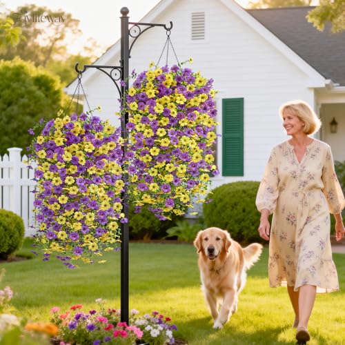 Artificial Hanging Flowers for Outdoors Spring Summer Decoration, 8PCS UV Resistant Silk Fake Hanging Plants for Patio Porch Front Yard Window Garden Indoor Decor(Purple&Yellow,8PCS) - color: Purple&yellow, size: 8PCS