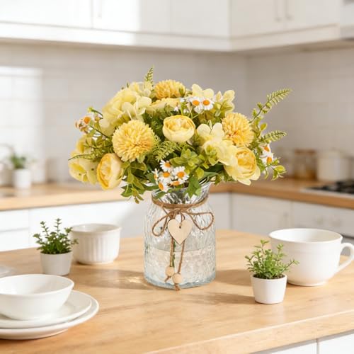 Kimura's Cabin Faux Flowers with Vase,Artificial Silk Peony in Vases Fake Flower Hydrangeas Arrangement for Dining Table Home Office Farmhouse Bathroom Centerpiece Wedding Decorations（Yellow） - color: Yellow