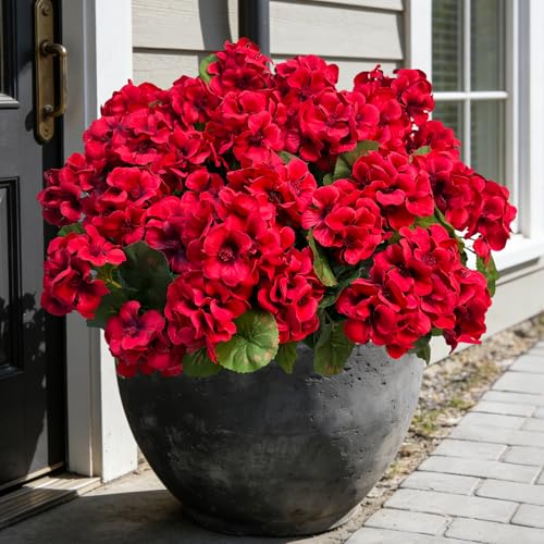 Roberly 6 Pcs Artificial Flowers for Outdoors, Red Fake Geranium Flowers UV Resistant Realistic Silk Faux Plants for Spring Summer Front Door Yard Window Box Indoor Home Decor - color: Red