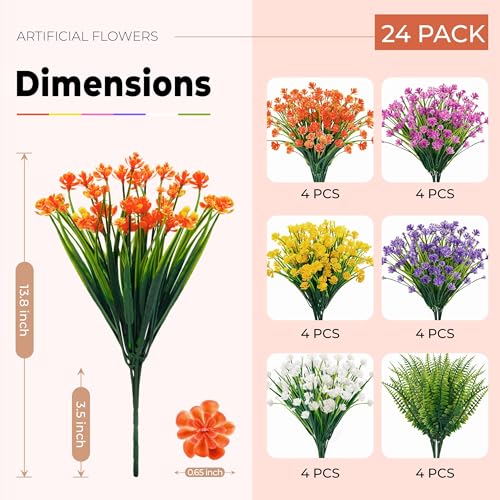 Der Rose 24 Bundles UV Resistant Artificial Flowers for Outdoors Faux Ferns Fake Plastic Flowers for Spring Home Garden Courtyard Patio Front Porch Decor - color: Multi-color C