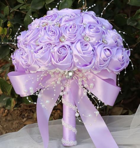Ujicde Romantic Wedding Bouquet Bridal Bridesmaid Round Bling Brooch Bouquet Throw Toss Artificial Rose Flower Bunch with Sparkle Rhinestone Crystal Decoration(Light Purple,Dia. 6.3"*16cm) - color: Light Purple, size: Dia. 6.3"*16cm
