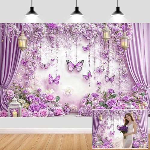 5X3ft Purple Butterfly Floral Backdrop for Photography Butterfly Flowers Theme Girls Party Decorations Background Wedding Baby Shower Tea Birthday Party Cake Table Decor Photo Booth Props - color: Multi2, size: 5x3ft