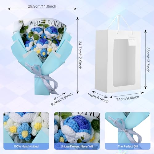Foyucool Crochet Flower Bouquet, Blue Handmade Knitted Flowers with Gift Bag, Blue Roses Daisies for Mother's Day Anniversary Birthday Graduation Valentine's Day - color: Blue White