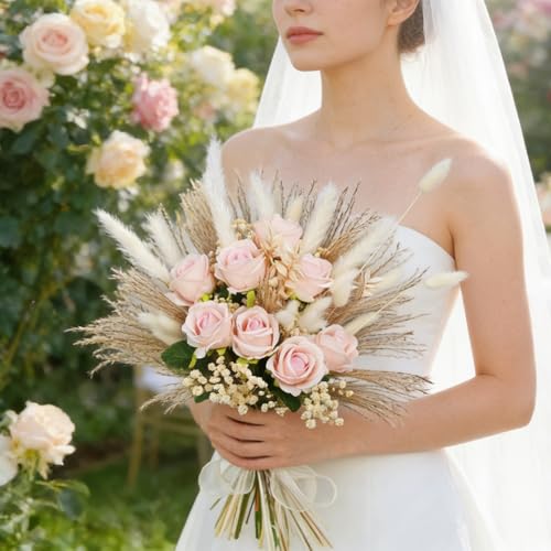 Dried Pampass Fake Roses Bouquet Fluffy Dried Feather with Reeds Bunny Tails Baby Breath Artificial Flowers for Wedding Bride's Bouquet Home Livingroom Pink Boho Decor Table Centerpieces
