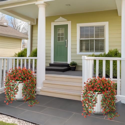 ZFProcess Artificial Hanging Flowers for Outdoors, 2 Pcs Fake Hanging Plant Spring Summer Decor, UV Resistant No Fade Realistic Faux Flower for Front Door Porch Planter Patio Garden Yard(Red Brown) - color: Red Brown
