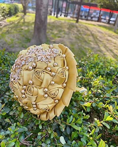 A Bunch Golden Bridal Wedding Bouquet Satin Rose Bouquet with Ribbon Diamond W306-20 Light Golden - color: Light Golden