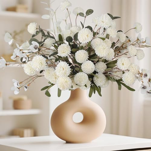 Faux Pompon Mum Flowers - 14pcs Realistic Artificial Chrysanthemum Flower, Beige Silk Fake Kiku Blooms Flower Bulk with Eucalyptus Stems for Home Decor, Wedding Centerpieces, Floral Arrangements