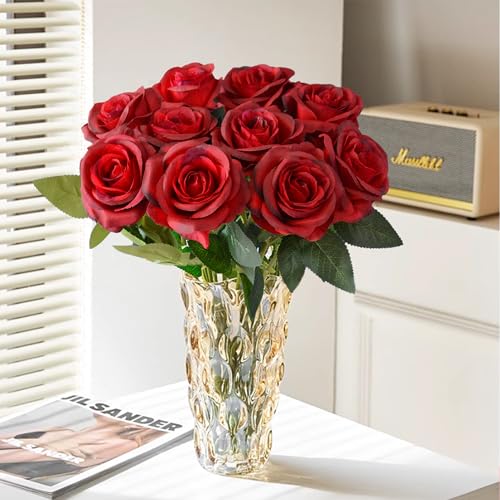 10 Pcs Wine Red Rose Artificial Flower, Faux Silk Flowers With Long Stems, Fake Roses Bulk Bouquet for Decoration Valentine's Day Centerpieces Proposal Bridal Bouquets Shower Party Home Floral Decor - color: Wine Red