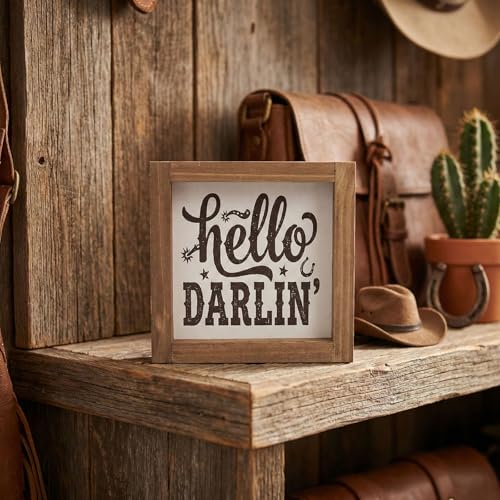 flangairy Western Wall Decor Hello Darlin Wooden Sign, 6 Inch Cowboy Southwest Wall Art, Rustic Wood Plaque for Table Desk Shelf Bathroom Bedroom Southwestern Farmhouse Home Decorations - color: hello darllin