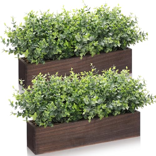 Lyrow 2 Pack Artificial Eucalyptus Plant in Rustic Rectangular Wooden Planter Box Greenery Faux Potted Herb Plant for Indoor Wedding Table Centerpiece(Green,16.1 x 3.7 x 8.7 Inches,Retro Style) - color: Brown, size: 16.1 Inch, style: White Frosted Pointed