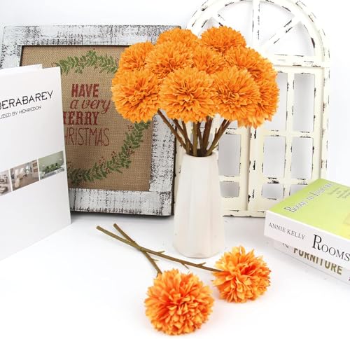 Tinsow 12 Pcs Artificial Chrysanthemum Flowers Orange Faux Ball Flowers Autumn Mums Florals Wedding Bouquet for Fall Farmhouse Home Kitchen Decoration (12, Orange) - color: Orange