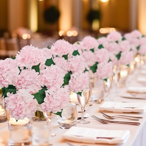 6PCS Pink Hydrangea Artificial Flowers, Bulk Silk Fake Flower with Stems, Faux Hydrangeas Bouquets for Home Décor, Wedding, and Office Table Centerpieces. - color: Pink