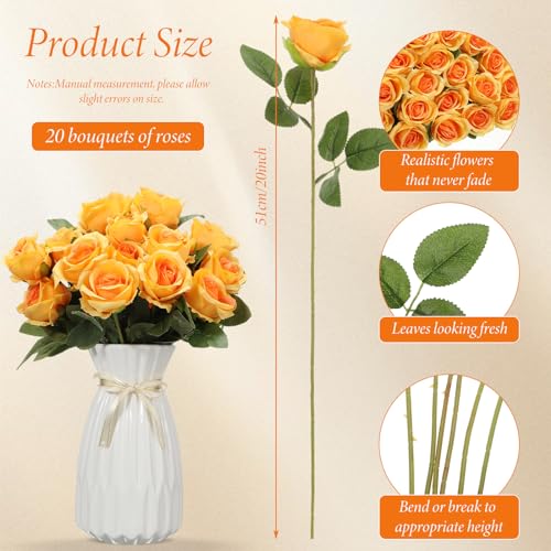 Hotop 20 Pcs Artificial Rose Flowers with Long Stem,Real Lifelike Silk Realistic Plastic Bouquet Roses Bulk for Home Decor Bridal Wedding Party Table Centerpieces Decorations(Orange) - color: Orange