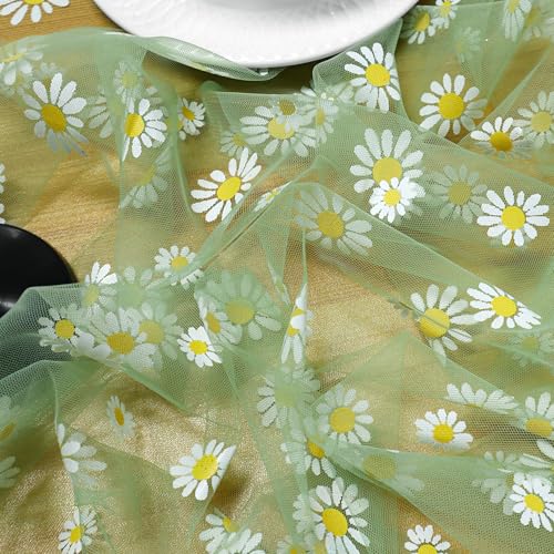Daisy Gauze Table Runner 120 Inch 10FT, Floral Flower Tulle Table Runner Seasonal Kitchen Dining Table Decorations for Party Wedding Christmas Holiday Birthday (Green) - color: Green
