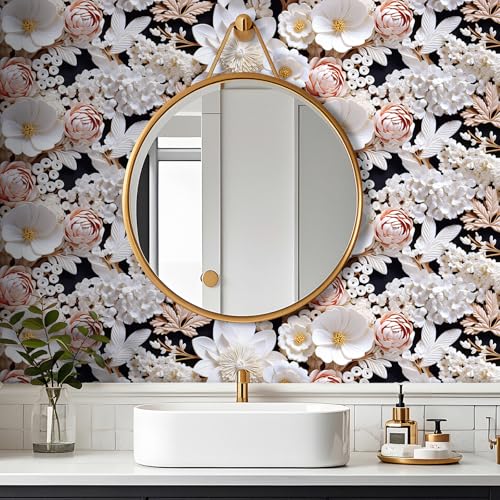 FunStick 17.5"x354" White Faux 3D Floral Peel and Stick Wallpaper Black Pink Embossed Floral Wallpaper for Bathroom Living Room Accent Wall Panels Self Adhesive Contact Paper for Walls Shelves Vinyl - size: 354" x 17.5"