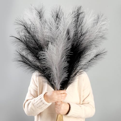 12 Pcs Black and Gray Faux Pampas Grass Decor 38"/3.1FT Tall Fake Pompas Floral Large Artificial Pompous Grass Branches Plants for Floor Vase Filler Home Boho Decoration - color: Black&gray