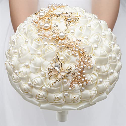 Sharebeauty 9.4 Inch Handmade Satin Rose Bridal Bouquet Toss Round Wedding Bouquet Throw Toss Artificial Flower Bunch Ivory - color: W322g12 Ivory, size: 9.4 inches / 24 cm